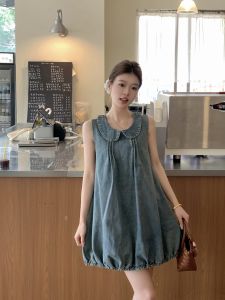 Váy Denim Không Tay Cổ Búp Bê Mùa Hè 2025 Phong Cách Pháp Váy Ngắn Dáng Chữ A Chất Liệu Cotton Pha Trộn Dáng Rộng Mềm Mại
