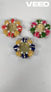 Handmade Decorative Tealight Holder | Pearl & Thread Candle Holder for Diwali Pooja Rangoli Festive Décor & Gifting (Size- 4 Inches | Pack of 1 pc)