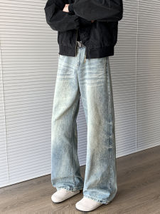 กางเกงยีนส์ทรงตรงเอวสูงสีฟ้าอ่อนสไตล์ย้อนยุคสำหรับผู้ชาย กางเกงขายาวทรงหลวมสไตล์อเมริกัน กางเกงขายาวทรงหลวมเล็กน้อย