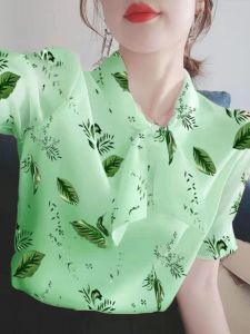 French Chic Anti-Aging Summer New Loose Womens Short Sleeve Silk Shirt Beautiful Slimming Top Versatile Print Butterfly Knot