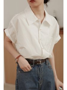 ฝรั่งเศส เรียบหรู หลวม สไตล์ขี้เกียจ ลำลอง สีขาว แขนสั้น ผู้หญิง เสื้อเชิ้ต ฤดูร้อน ดีไซน์ ระบบเกลือ ปกโปโล เสื้อท่อนบน