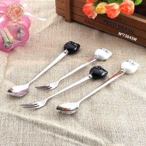 1 Bộ Đồ Ăn Dùng Làm Bằng Gốm Sứ Muỗng Kem Dĩa Trái Cây Có Tay Cầm Hình Mèo Hoạt Hình Dụng Cụ Pha Cà Phê Bằng Thép Không Gỉ Dài
