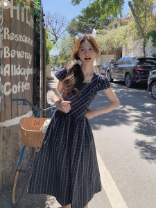 Black Plaid French Style Dress Women Summer Thin New Elegant Square Collar High Waist Light Maturity Wind a Word Dandelion Skirt