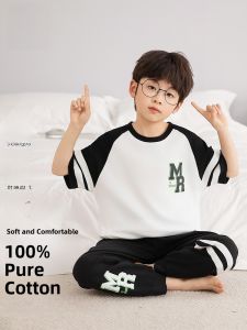 Miiow | Pure Cotton Summer Pajamas For Boys Short Sleeve Long Pants Three Piece Set Cartoon Print Comfortable Breathable Home Clothes