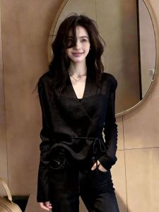 Elegant V-Neck Tie Waist Blouse Black