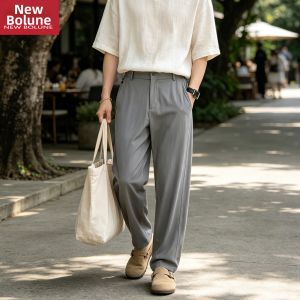 NEW BOLUNE | Retro Style Men Ice Silk Pants Straight Trousers