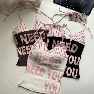American Style Spicy Letter Print Sleeveless Halter Neck Womens Top Inner Wear Two Piece Set Slim Fit Short Length Cotton Blend