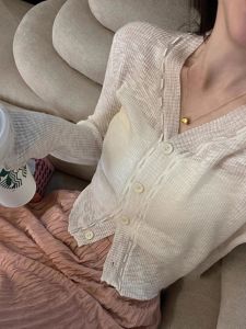 Thin V-Neck Ice Silk Knitted Air Conditioning Open Cardigan Womens Summer Strap Outer Shoulder Shawl Top Short Outerwear