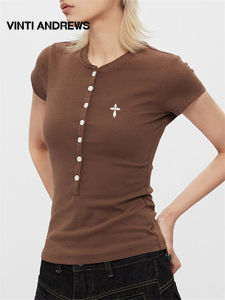 Elegant Henry Design Short Sleeve Tee Shirt Semi Open Collar Waist Slimming