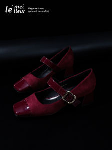รองเท้าส้นสูงแบบสวมหัวเหลี่ยมสไตล์ฝรั่งเศส Le Meilleur ทรง Mary Janes สีแดงเข้ม หนังผสมผ้าขนสัตว์ หัวรองเท้าทรงเหลี่ยม