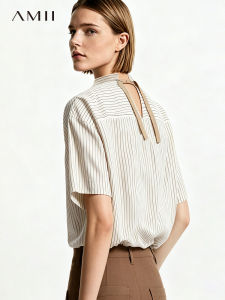 AMII | Leisure Collar Contrast Color Embellished Striped Loose Shirt