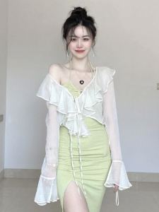 เสื้อคลุมกันแดดผ้าชีฟองบางสำหรับผู้หญิงในฤดูร้อน เสื้อคาร์ดิแกนแขนยาวคอวี ทรงหลวม สไตล์เกาหลี แขนยาว ความยาวปกติ