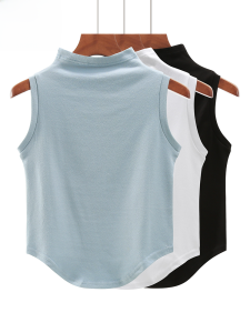 Pure Cotton Slim Fit Halftime Neckline Womens Short Sleeve Tank Top for Summer New Arrival Korean Style Solid Color Low Cut Round Neck Design