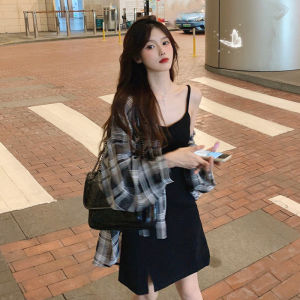 เสื้อเชิ้ตแขนยาวป้องกันแสงแดดสไตล์เกาหลีหลวมๆ สำหรับผู้หญิง ฤดูร้อน 2025 เสื้อเชิ้ตแขนยาวลายสก็อตแบบยาวปานกลาง