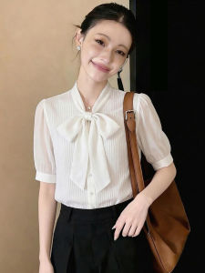 XUSHAN | FRENCH Bowtie Short Sleeve White Summer Female Shirt Striped Professional