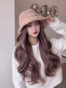 Topi Palsu Rambut Jenis Satu Helai Rambut Kerinting Panjang Lapisan Pemanasan Berfesyen dan Mudah Dipadan Topi Bulu Domba Penutup Kepala Penuh