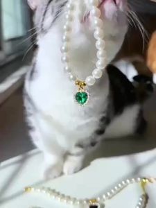 Adjustable Rhinestone Pearl Pet Collar Necklace Fashion Neck Accessory For Kitten Small Puppy Dog Daily Party Pet Decor Gift