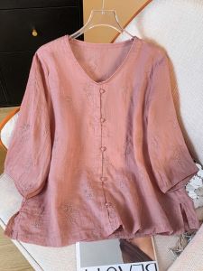 Áo Sơ Mi Vải Lanh Thêu Cổ Chữ V Tay Bảy Mùa Hè Cho Nữ Phong Cách Trung Hoa Cổ Điển Dáng Rộng Thoải Mái