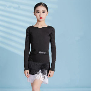 Childrens Latin Dance Outfit Summer Short Sleeve Tassel Set Girl Performance Exam Long Sleeve Skirt Suit Dance Practice Wear