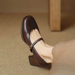 Retro Lamb Skin Chunky Heel Single Shoes Spring Autumn New Simple Square Head Buckle Mary Jane Womens Shoes Fashionable Flats