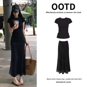 La Chapelle | Black Polka Dot Chiffon Two Piece Set Thin Round Neck T-Shirt Skirt