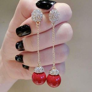 Elegant Pearl Drop Earrings Womens High Value Long Chain Shell Ear Jewelry Tassel Full of Diamonds Red Popular Fashion Jewelry