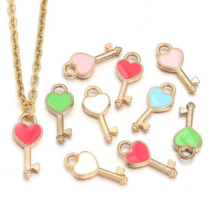 10Pcs 5 Color 7x15.5MM Alloy Metal Drop Oil Colorblock Key Charm Small Heart Pendant For DIY Bracelet Necklace Jewelry Making