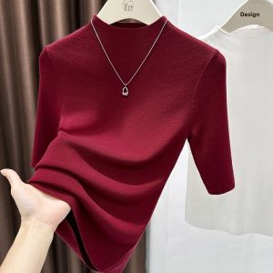 Loowmane | Navy Mid-sleeve Fitted Stand-up Collar Knit Top