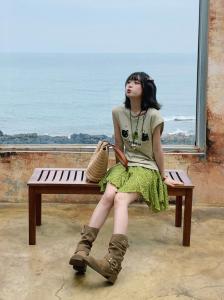 Váy Ngắn Xanh Tươi Mát Mẻ Phong Cách Hàn Quốc Cho Nữ Mùa Hè Váy Ngắn Xếp Ly Hoa Nhỏ Màu Trắng Cạp Cao Bằng Polyester