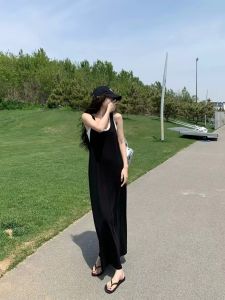 Summer New Korean Style Strapless Long Dress Womens Fashion Sensation Vest Dress High Waist A-Line Skirt U-Neckline No Sleeve