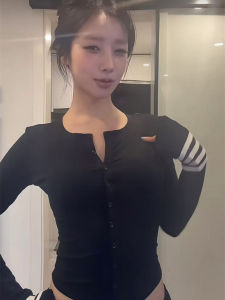 Retro Black Stripe round Neck Long Sleeve T-Shirt Womens Spring Autumn Slimming Sweet And Spicy Style Small Audience Top Trend