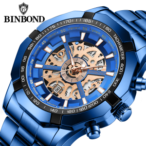 Binbond 033 Mens Watches Top Brand Luxury Stainless Steel Waterproof Hollow Out gold Big Male Wristwatches Relogio Masculino