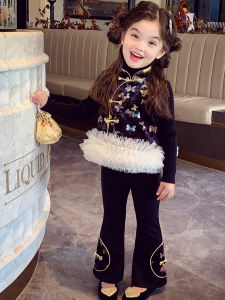 New Chinese Style Vest Autumn Winter Girls Childrens Patchwork Mesh Top Little Girl National Style Set Fashionable Kids Clothing