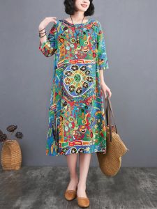 Retro plus Size Dress Summer New Loose Version Print Sun Protection Veil Mask Denim Fabric Youth Womens Ethnic Style Dress
