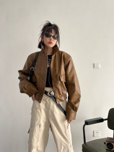 High Waist Pocket Short Style Womens Biker Jacket Leather Coat Streetwear Half High Collar Zipper Sleeve Long Autumn Outerwear