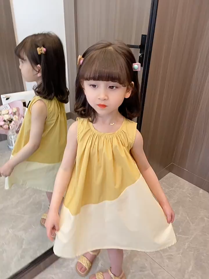 Kids Girls Color-block Vest Princess Dress Korean-style Suspender Skirt for 1-12 Years Old Baby Dress
