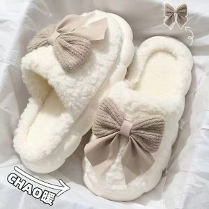 Womens Winter Cotton Slippers Thick Bottom Anti-slip Warm Home Leisure Butterfly Knot Home Slippers Comfortable Indoor Shoes