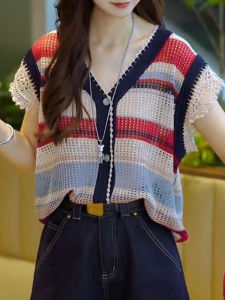 Shalldoer | Fashionable V-neck Stripe Color Block Lace Knitted Top Womens Short Sleeve Summer Shirt Versatile Age-defying Elegant Design