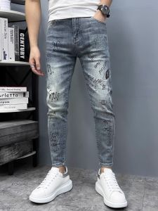 Slim Fit Mens Jeans High Elasticity Graffiti Print Fashionable Washed Casual Pants mid Waist Zipper Closure Cotton Denim