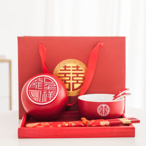 Wedding Bowl Ceramic Rice Bowl Wedding Supplies Bride Dowry Tableware Suit Chinese Red For Home Gift for New Couple
