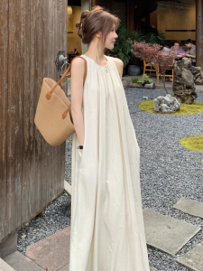 White Vest Strap Dress Women Summer Beach Vacation Clothing Loose Waist A-Line Skirt Sweet Style No-Sleeve round Neck Dress