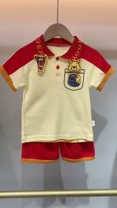 Baby Boy Clothes Set Polo Color Block Short Sleeve Collared Shirt with Cartoon Bear Tiger Patch Elastic Waist Bear Print Shorts 2PCS Kids Summer Cotton Outfit for 6M-5Y