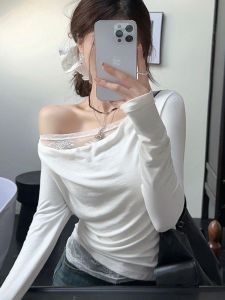 White One-Shoulder Slimming Design Korean Style Womens T-shirt Inner Wear Autumn New Arrival Pure Color Long Sleeve Top