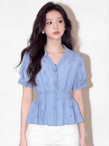 SHUAIYUE | Áo Sơ Mi Eo Thon Màu Xanh cổ V Tay Ngắn cho Phụ Nữ
