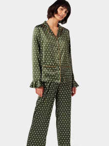 Luxurious Silk Satin Sleepwear Set for Women Ice Silk Long Sleeve Long Pants Home Clothes Polka Dot Pattern Summer Green