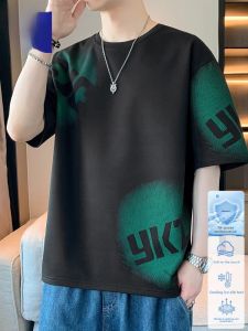 ROMON | Loose Fit Ice Silk Mens T-Shirt Short Sleeve Casual Quick Dry Sport Top Fashionable Round Neck Printed Polyester Romon