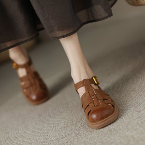 Roman Sandals Fairy Thin Drawstring Combination Woven Closed Toe Hollow Flat Heel Flat Beach Genuine Leather 2023 Summer New