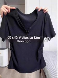 Áo Thun Đen Cổ V Giảm Cân Cho Phụ Nữ Mùa Hè