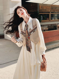 Artistic Style Shirt Dress Set Womens Two-Piece Suit Beige Korean College Trend Long Sleeve Loose Fit Casual Autumn New Arrivals