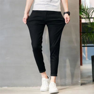 Spring Summer New Style Korean Version Elastic Pure Black Jeans Mens Trendy Slim Fit Cuffed Retro Simple Nine Points Pants
